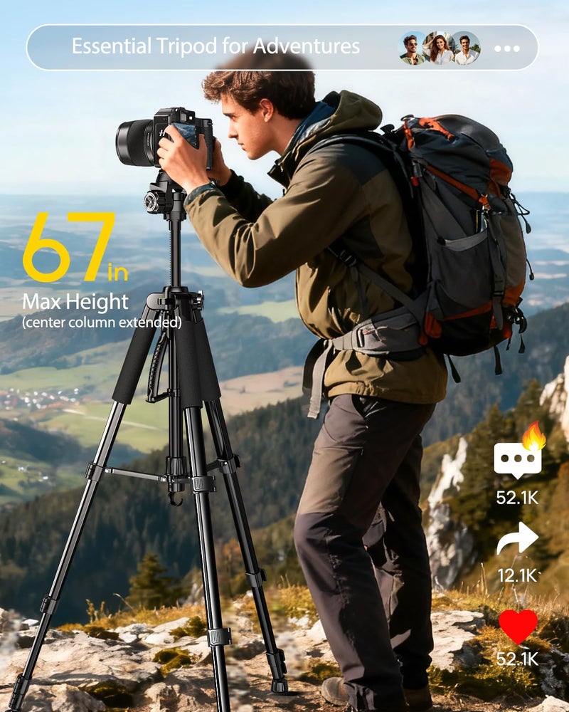 UBeesize 67â€ Camera Tripod with Travel Bag, Cell Phone Tripod with Bluetooth Remote and Phone Holder, Compatible with All Cameras, Cell Phones, Projector, Webcam, Spotting Scopes - Image 2